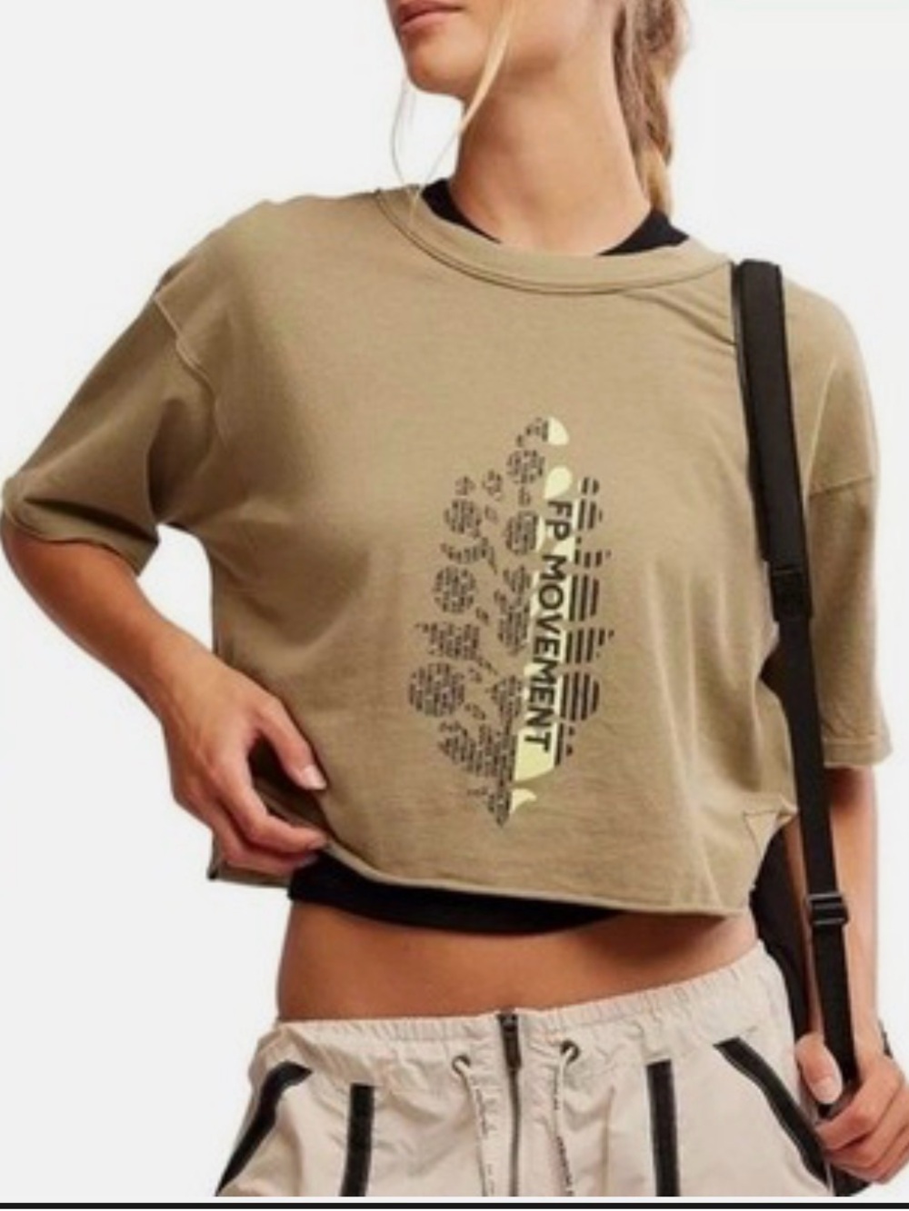 Free People Movement Graphic Crop T-Shirt Women’s Large Olive Green 100% Cotton